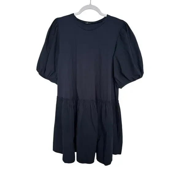 ZARA Voluminous Short Dress Navy Blue Size M 100% Cotton Minimalist Classic EUC